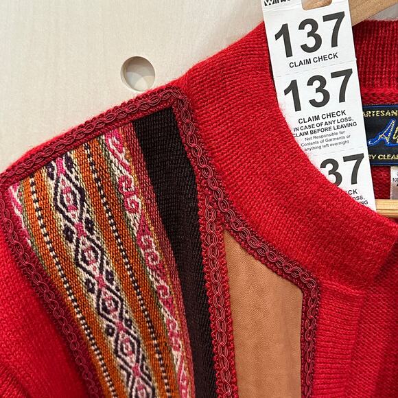 ALPACA STYLE Traditional Alpaca Wool Cardigan SZ M Leather and Wool Trim - Picture 6 of 6